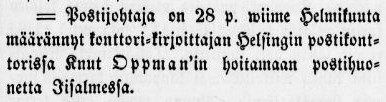 Tapio 14.3.1863 Tapio s 1 Oppman määrätty Iisalmeen
