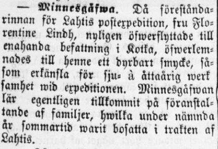 Muistolahja Lahti Hufvudstadsbladet 12.11.1881 s.2