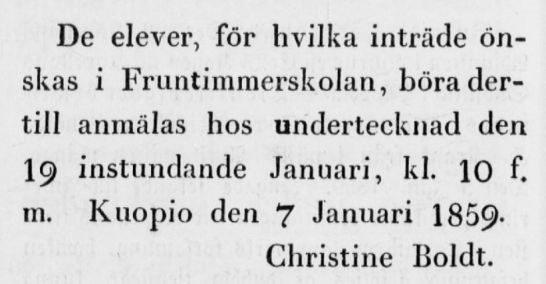 Kuopio Fruntimmers skolan Annons-Blad 8.1.1859