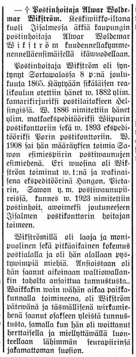 Wikström Alvar Iisalmen Negrologi Sanomat 12.6.1926