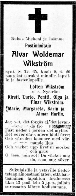 Wikström Alvar Voldemar s.1865 k.1926 Salmetar 12.6.1926 s.1