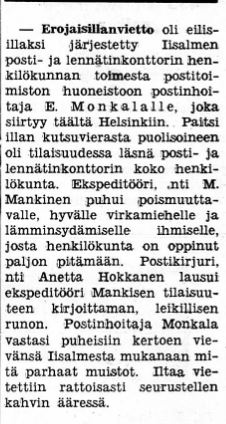 Monkalan erojuhlat Iisalmessa Salmetar 31.12.1938