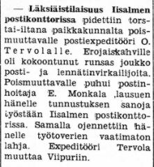 Veikko Tervola lähtiäiset Iisalmessa Salmetar 2.10.1937 siv 2
