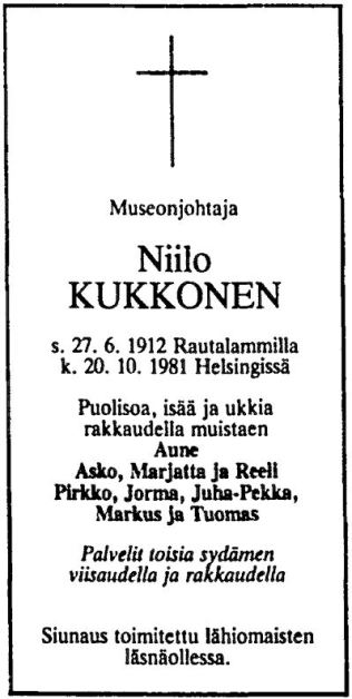 Niilo Kukkonen s.1912 k.1981 HS 30.10.1981